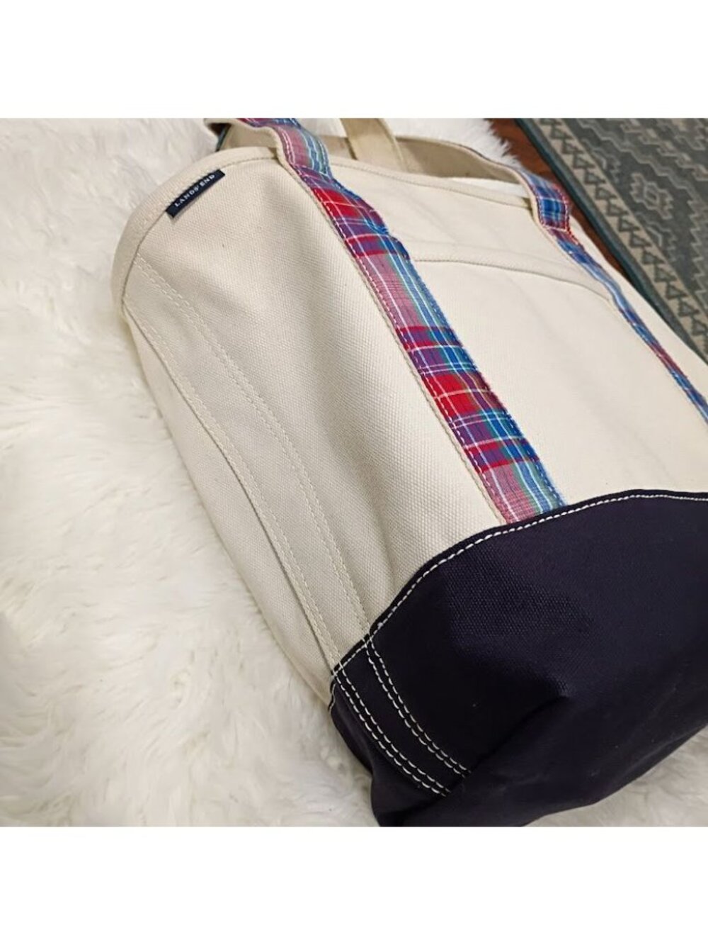 Lands End Tote Canvas Plaid Straps Cream Navy Large - Picture 7 of 10
